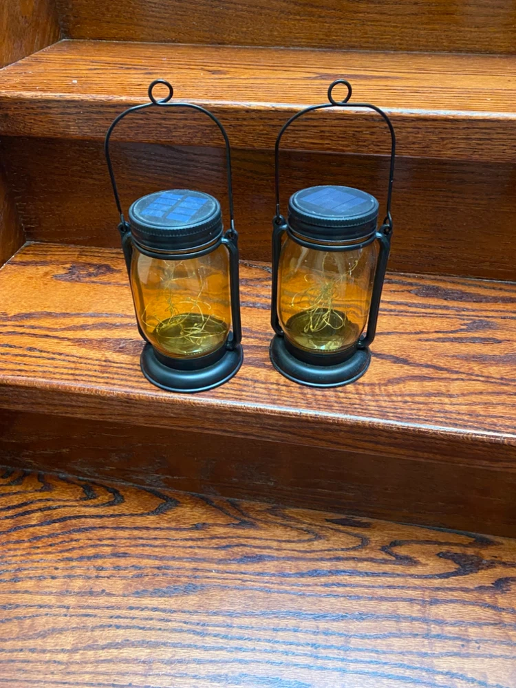 Set of 2 Amber Mason Jar Solar Lanterns with Fairy Lights