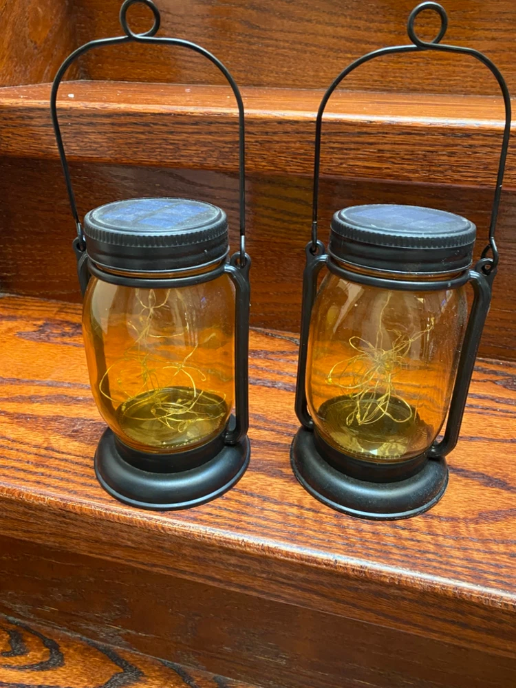 Set of 2 Amber Mason Jar Solar Lanterns with Fairy Lights - photo 2