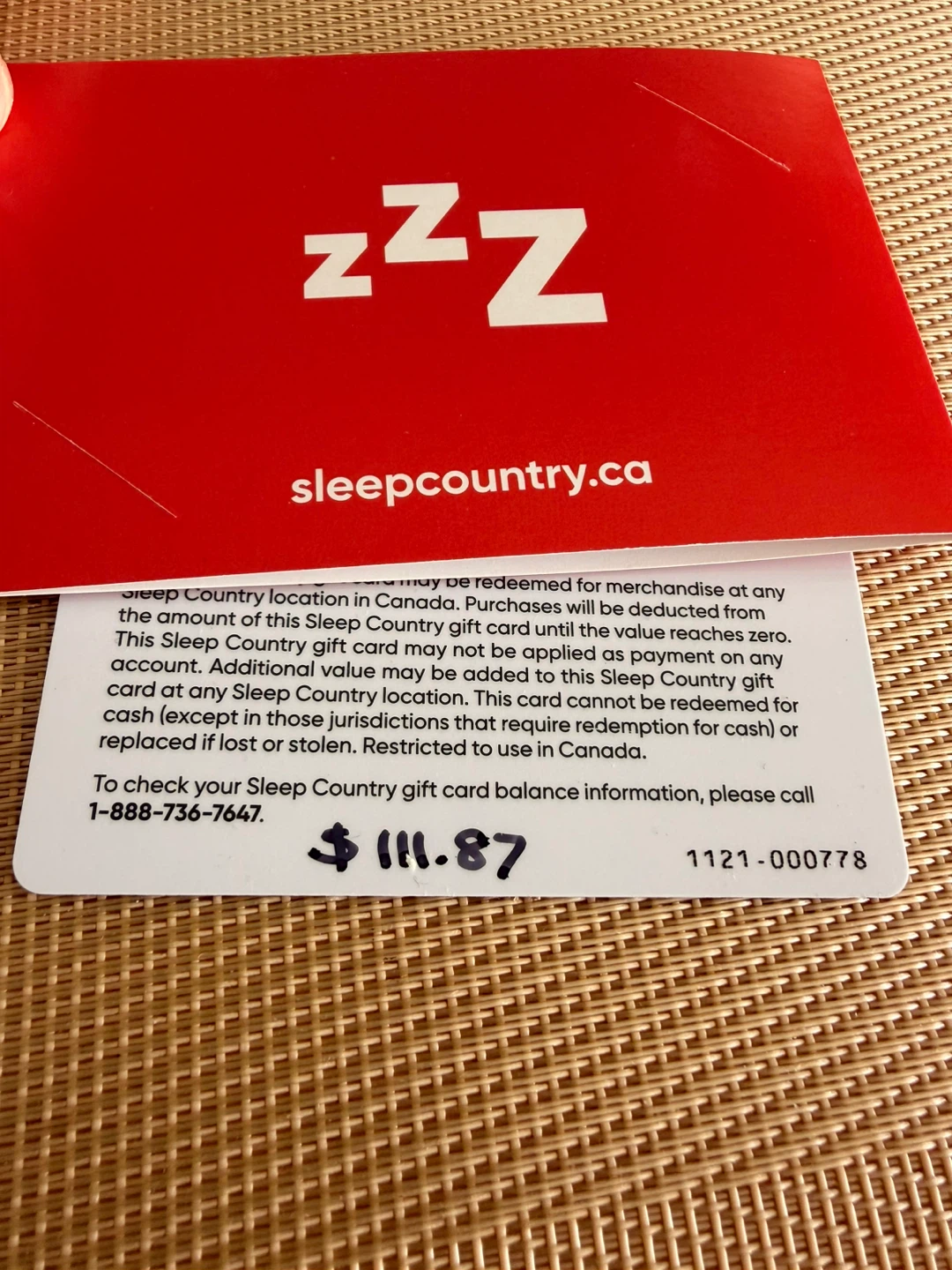 Sleep Country Gift Card - $111.87 - photo 2