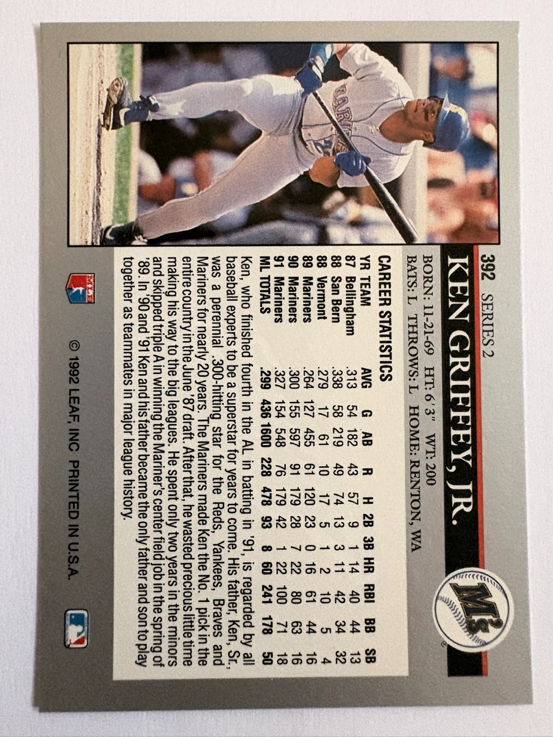 1992 Leaf Ken Griffey Jr. Baseball Card - photo 2