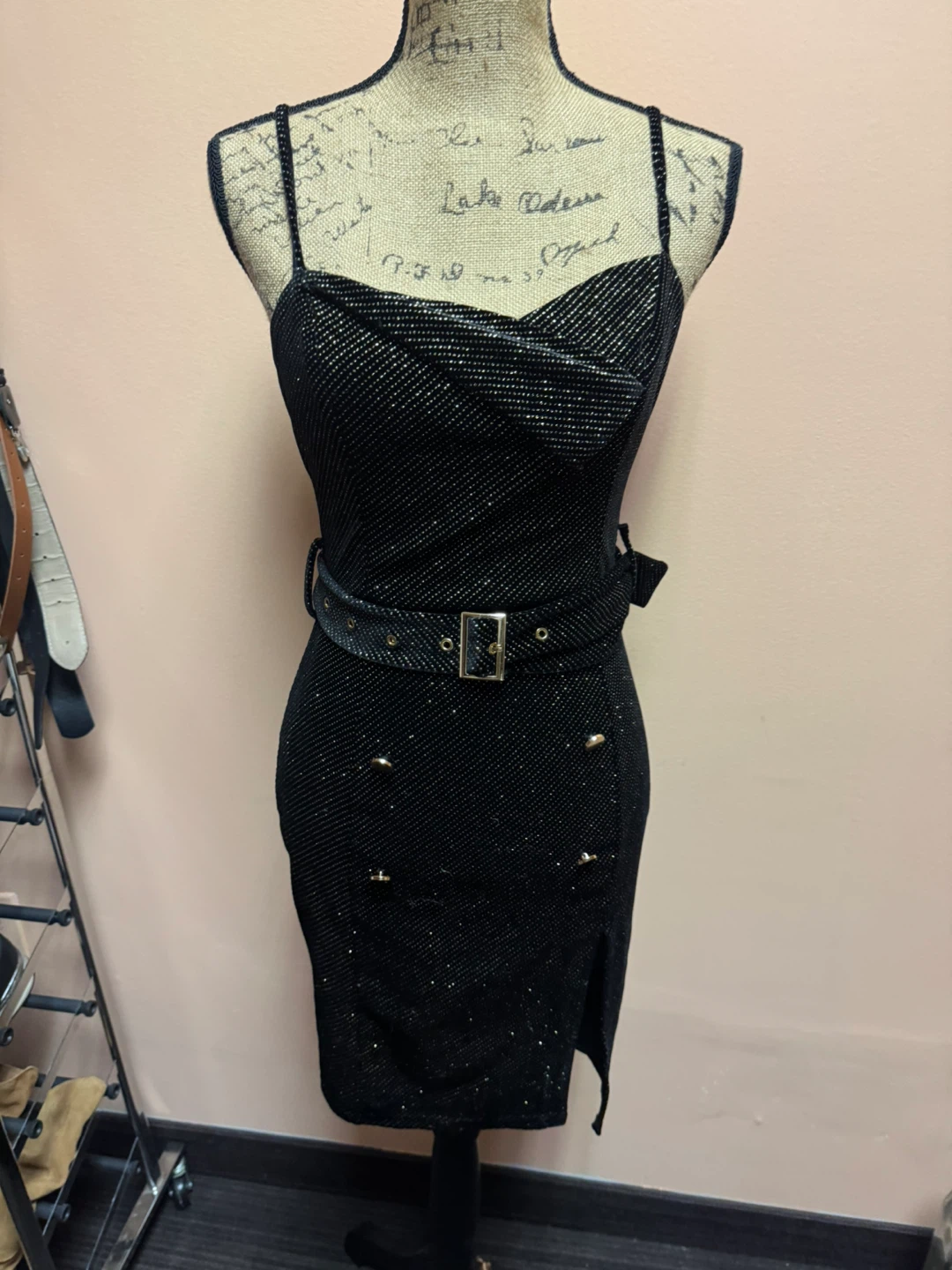 Black Sparkle Mini Dress with Belt