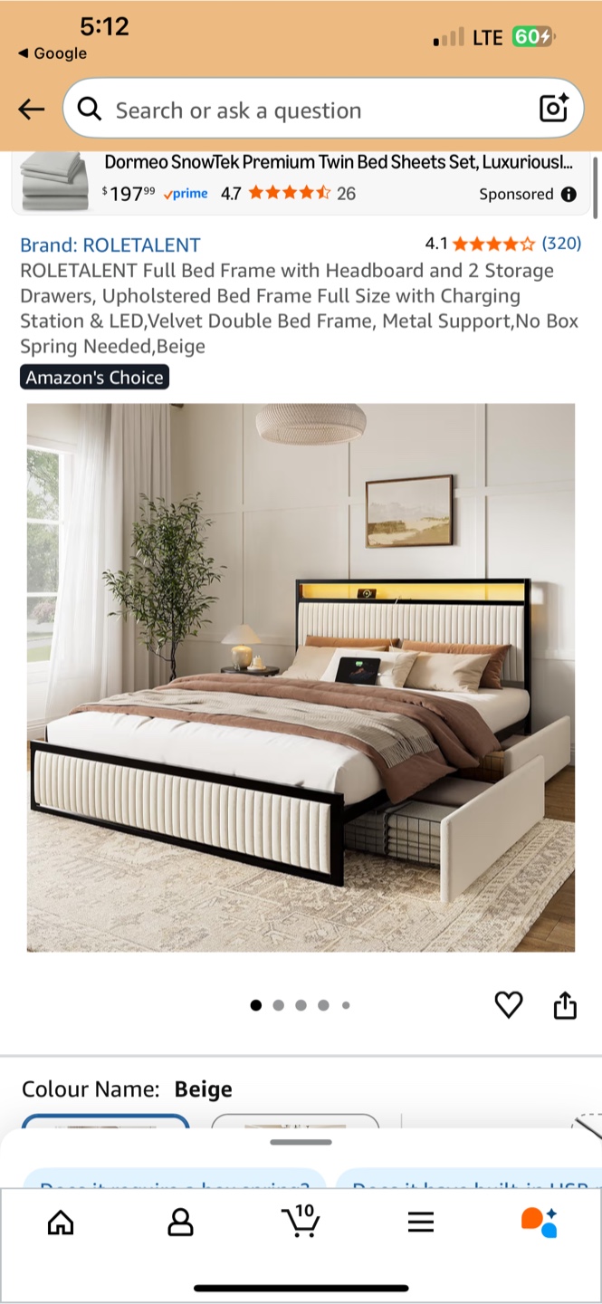 ROLETALENT Full Bed Frame with 2 Storage Drawers Beige