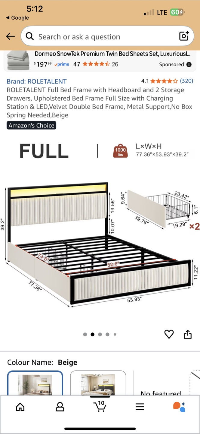 ROLETALENT Full Bed Frame with 2 Storage Drawers Beige - photo 2