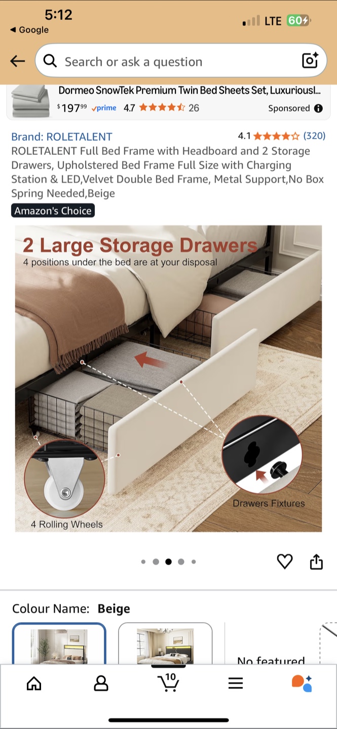 ROLETALENT Full Bed Frame with 2 Storage Drawers Beige - photo 3