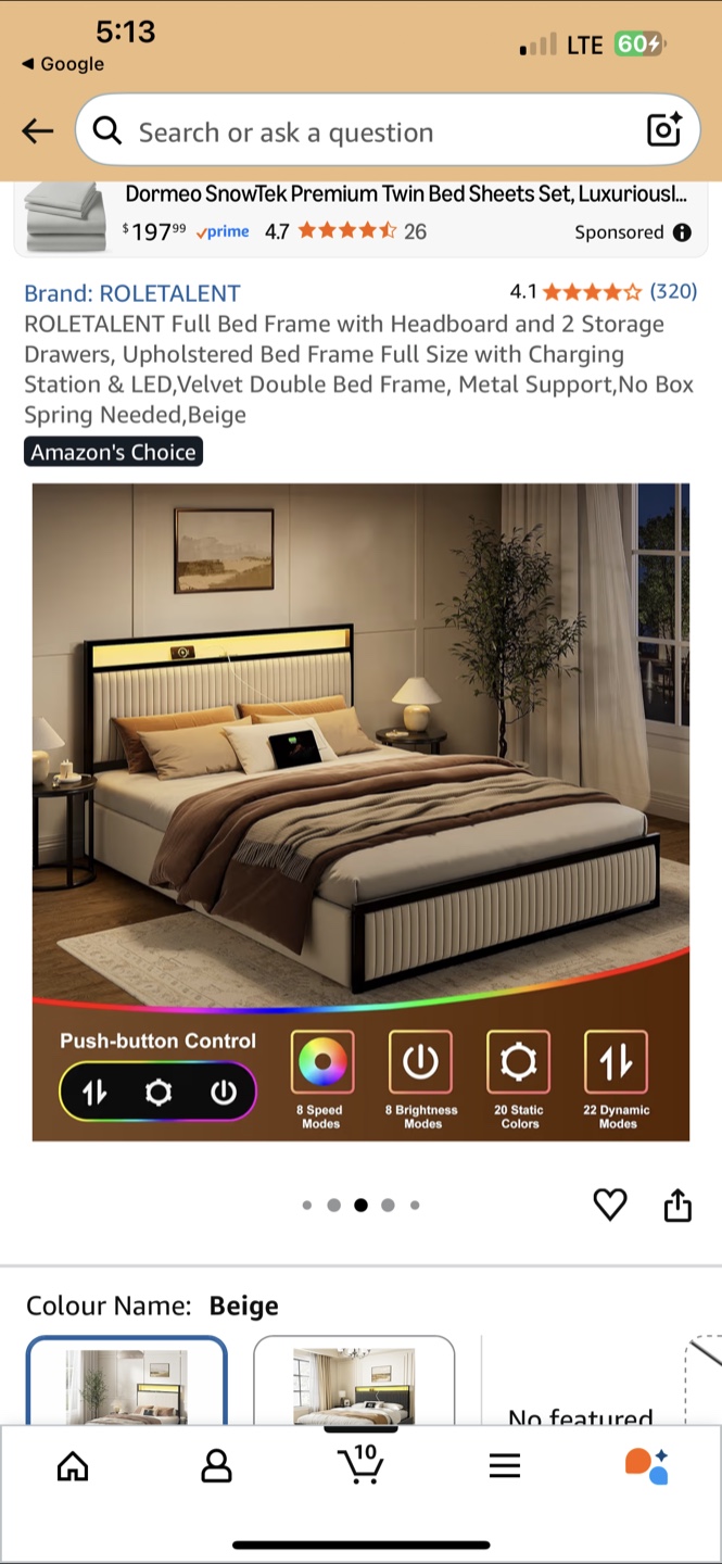 ROLETALENT Full Bed Frame with 2 Storage Drawers Beige - photo 5