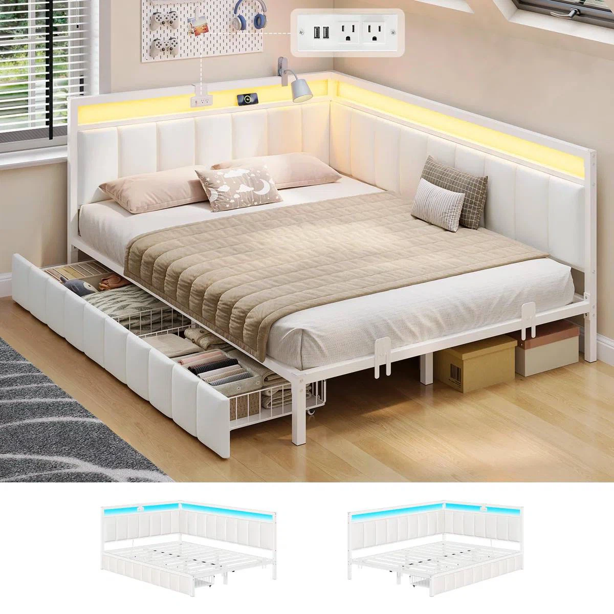 Corner Bed Frame with LED Lights, Full/Double White