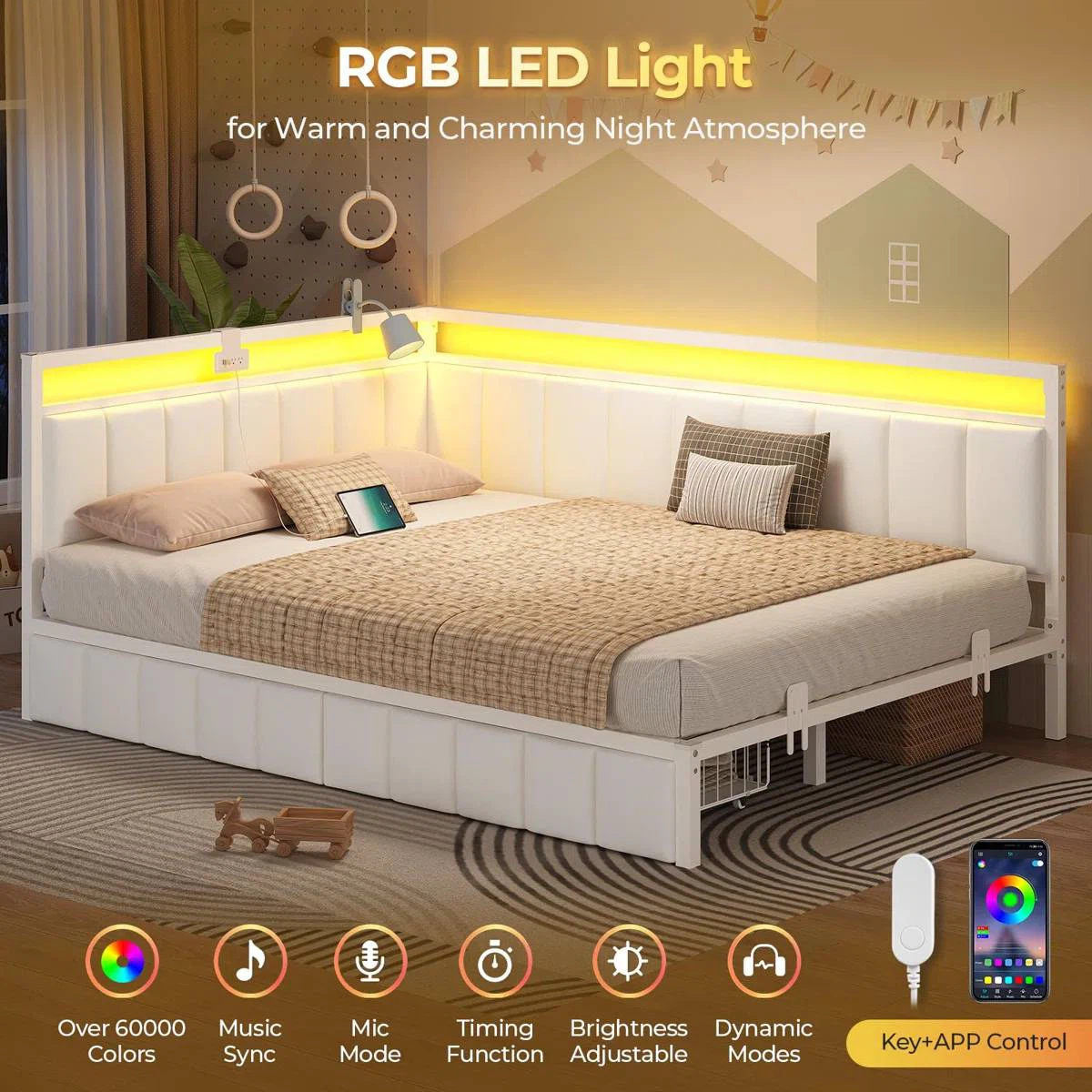 Corner Bed Frame with LED Lights, Full/Double White - photo 3