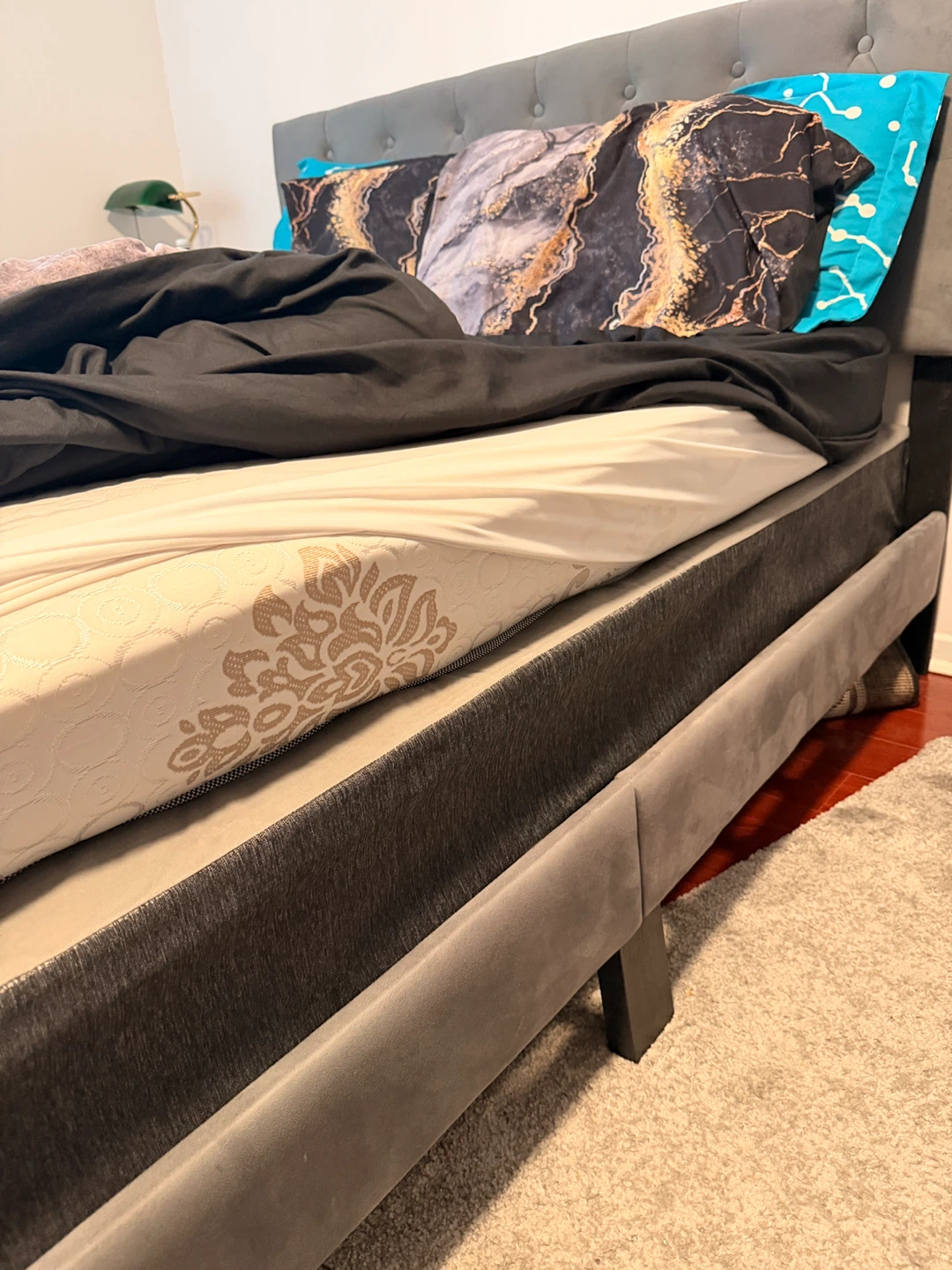 Grey Upholstered Queen Bed Frame with Tufted Headboard - photo 2