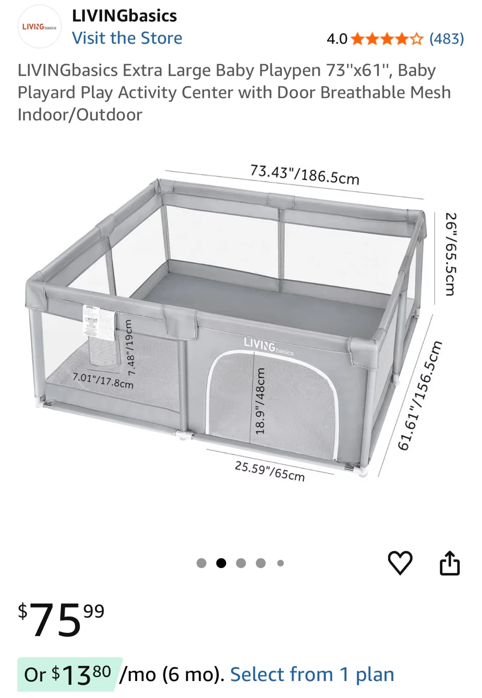 LIVINGbasics Extra Large Baby Playpen 73"x61"