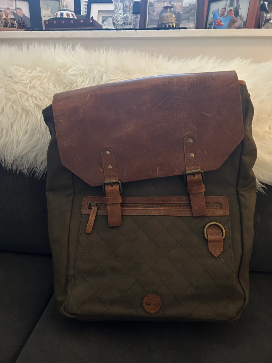 Timberland Backpack - Green Canvas & Brown Leather