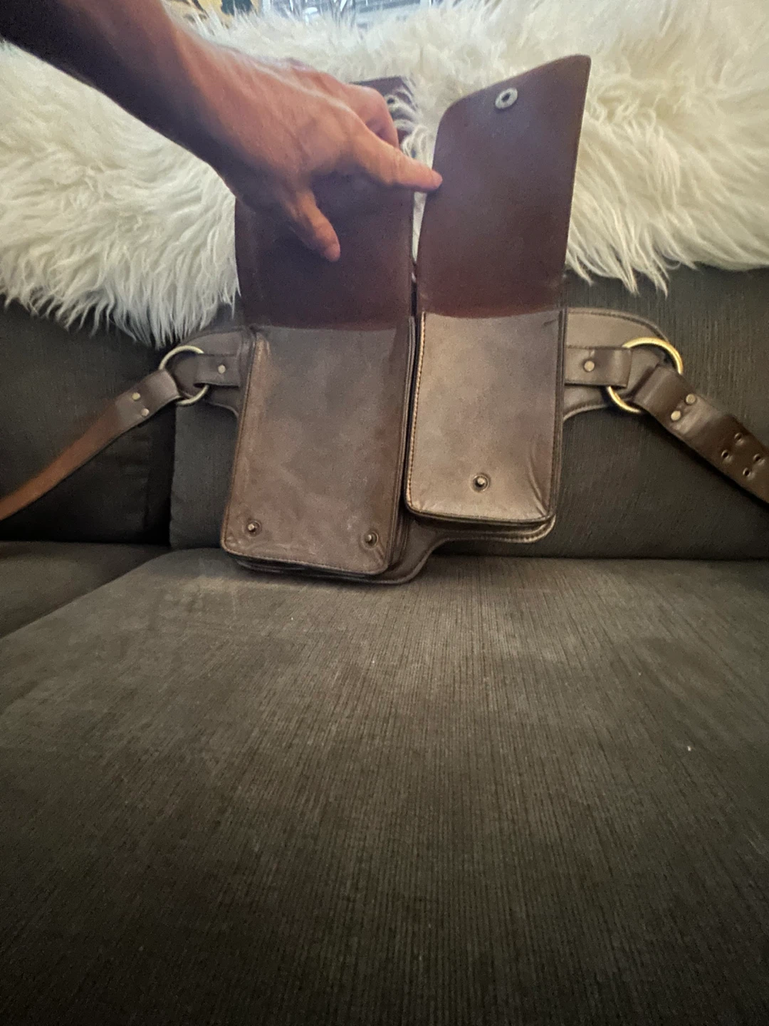 Brown Leather Double Pouch Belt Bag - photo 3
