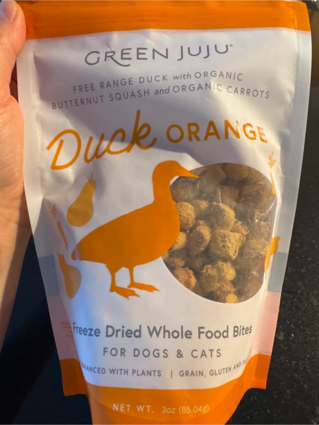 Opened Green Juju Duck Orange Freeze Dried Bites