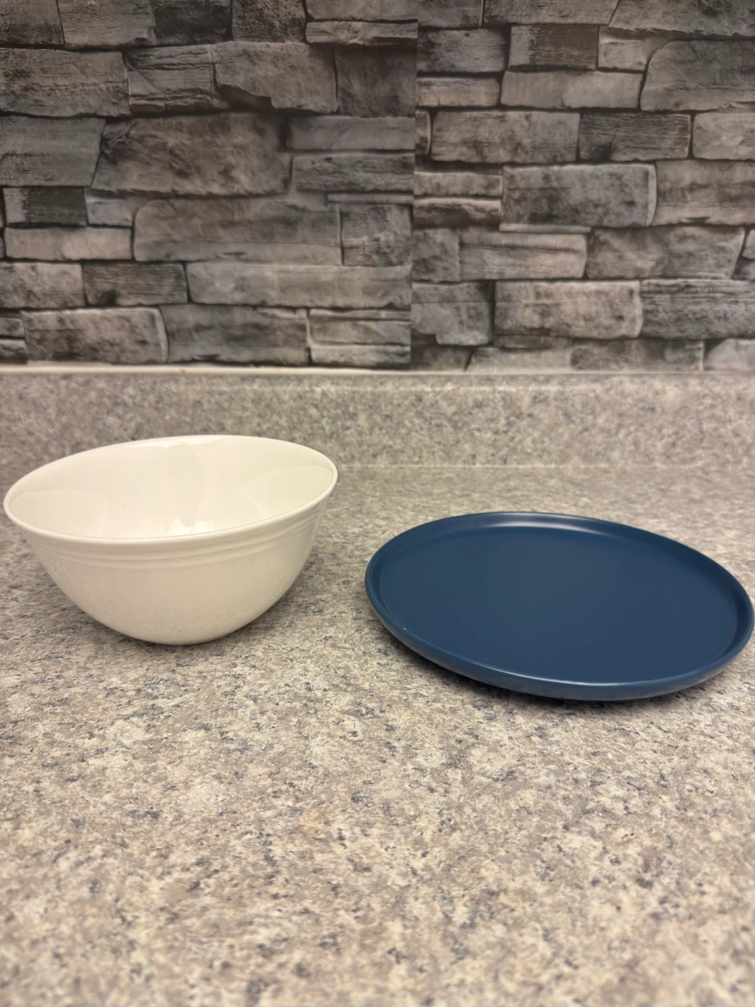 White Ceramic Serving Bowl and blue plate