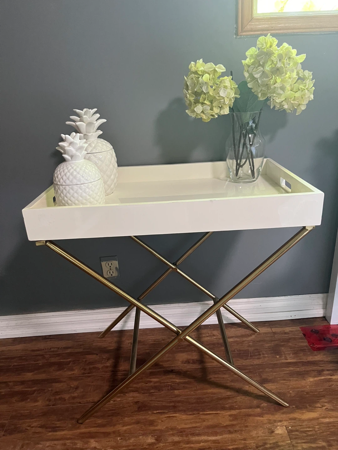 White Tray Table with Gold X-Leg Base
