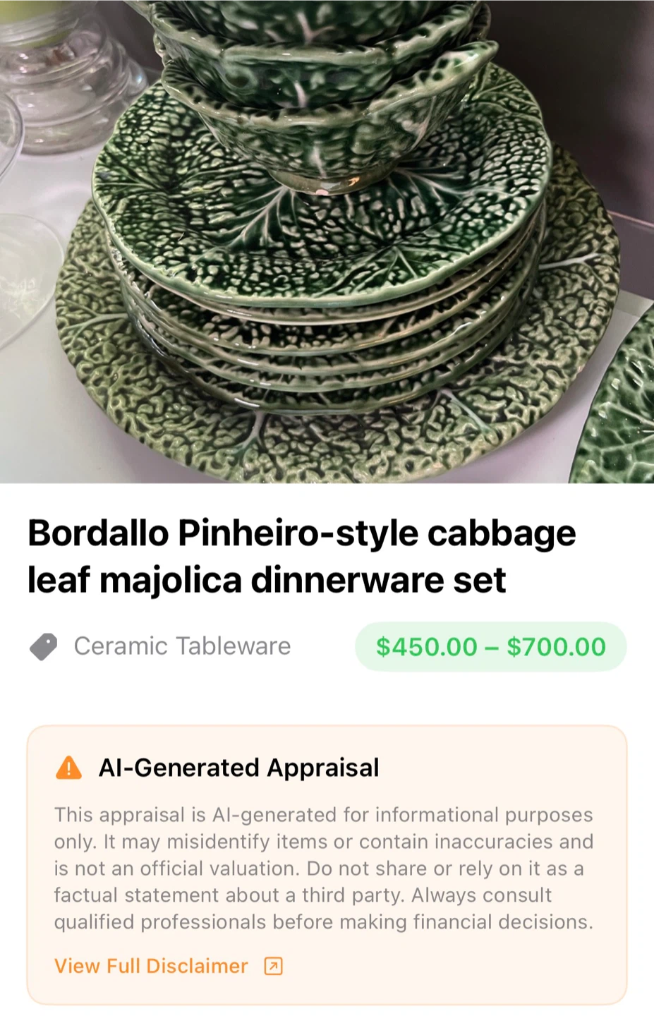 Bordallo Pinheiro-style cabbage leaf majolica dinnerware set