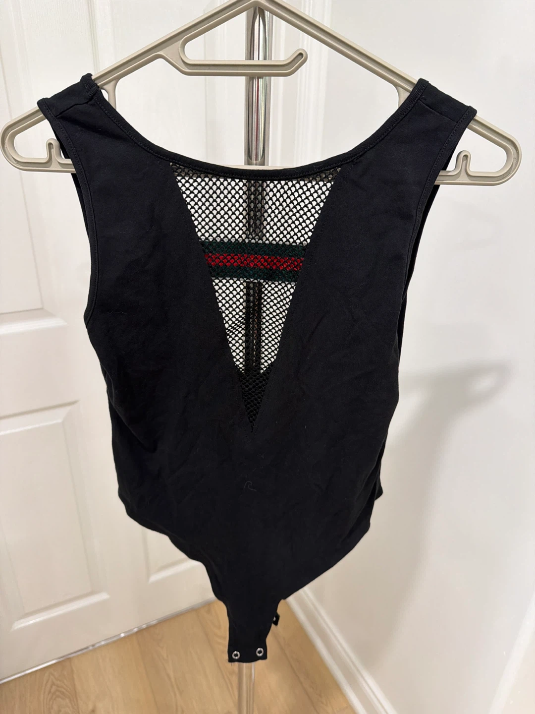 Black Bodysuit with Mesh and Striped Detail