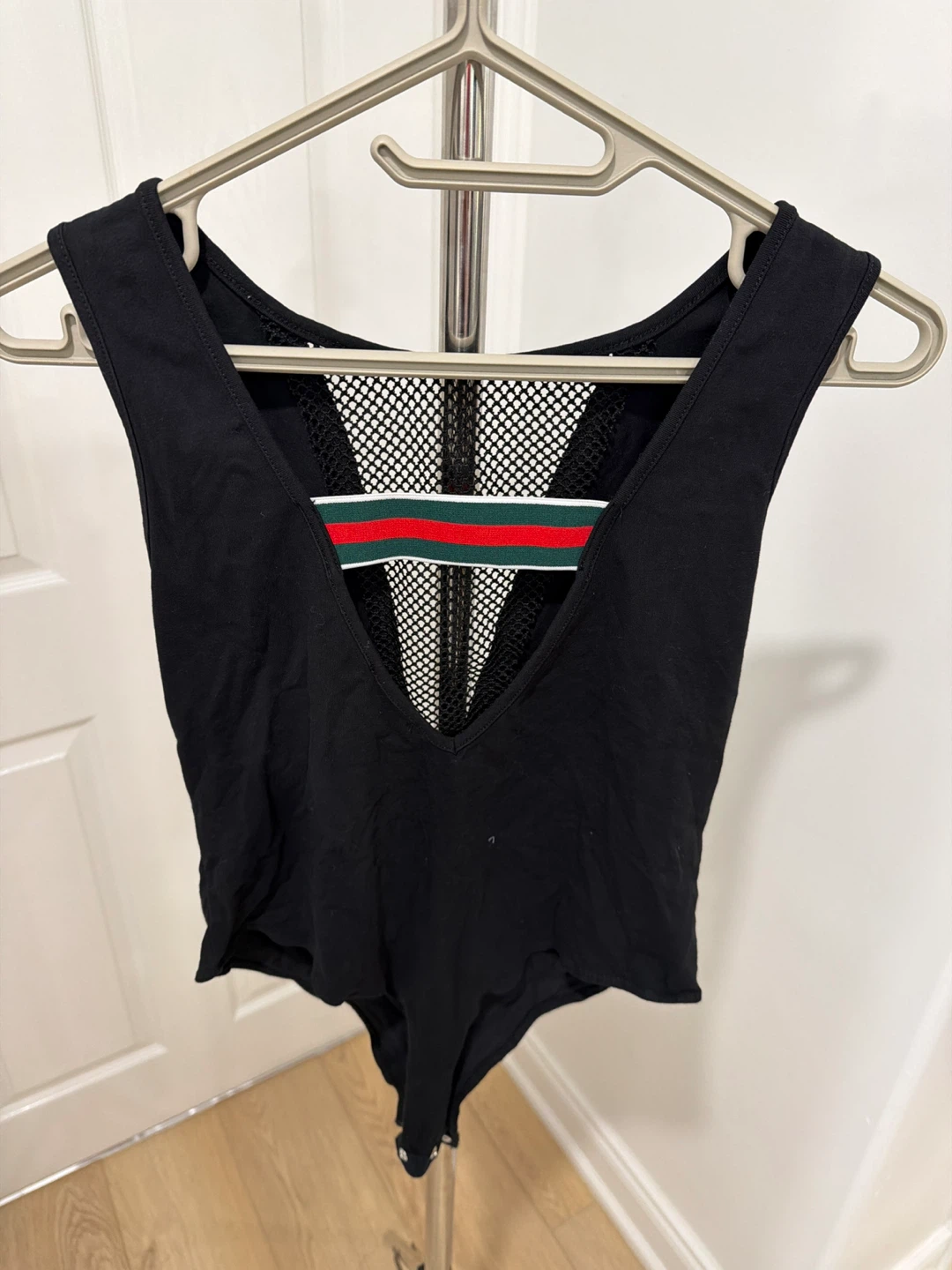 Black Bodysuit with Mesh and Striped Detail - photo 2