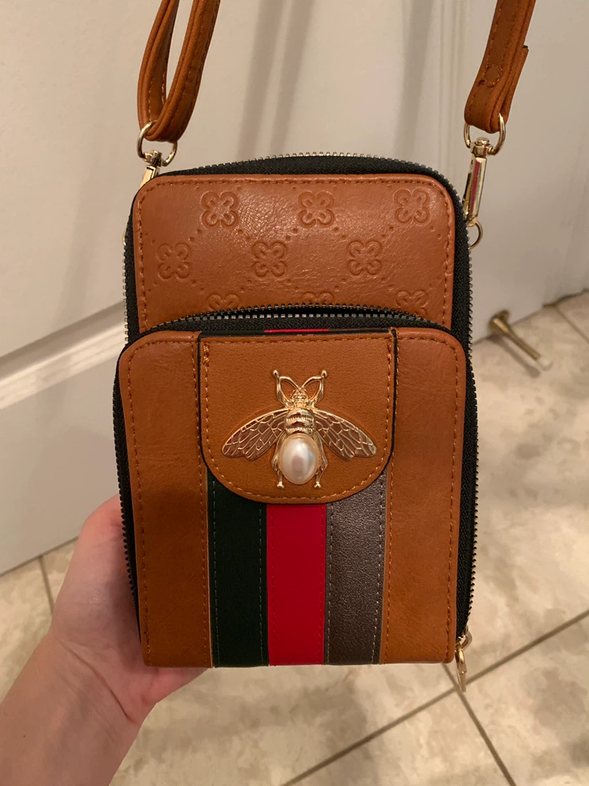 Brown faux leather crossbody bag with bee embellishment