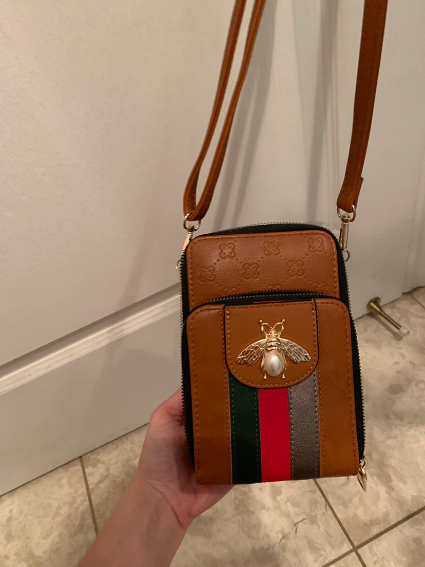 Brown faux leather crossbody bag with bee embellishment - photo 2