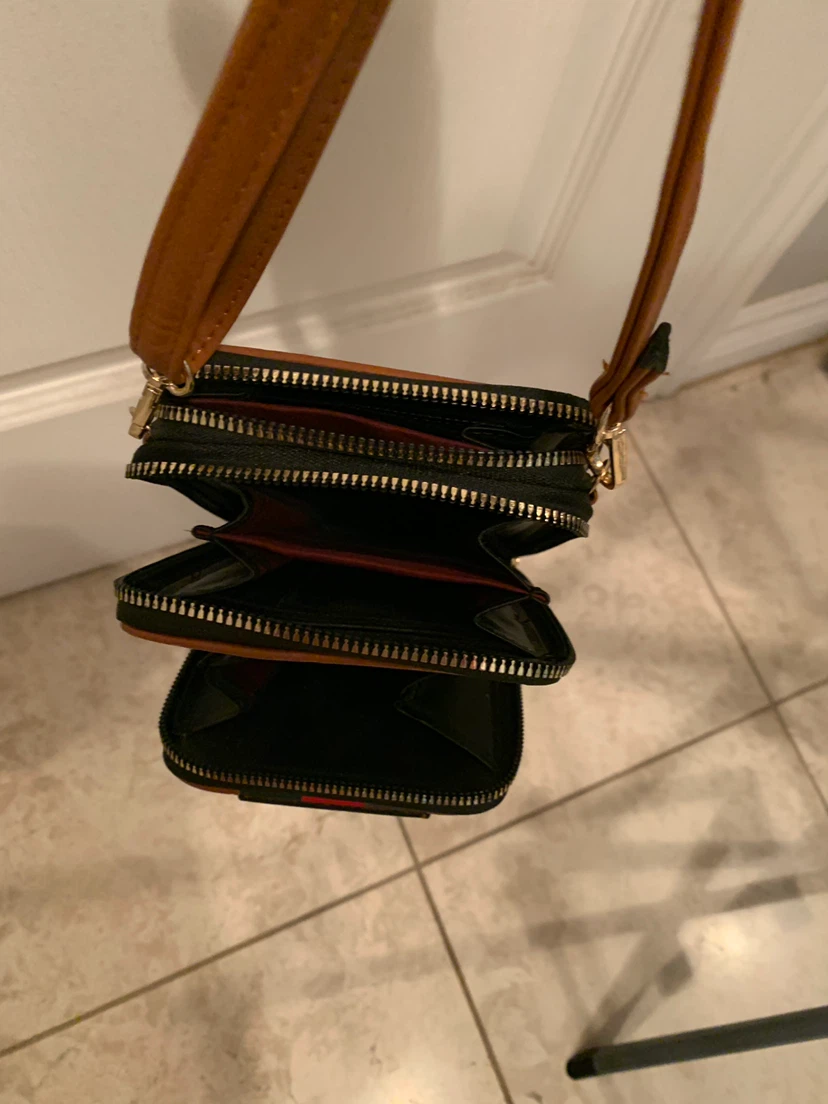 Brown faux leather crossbody bag with bee embellishment - photo 3