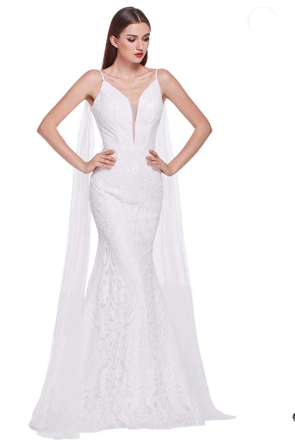 White sequined mermaid wedding dress with cape