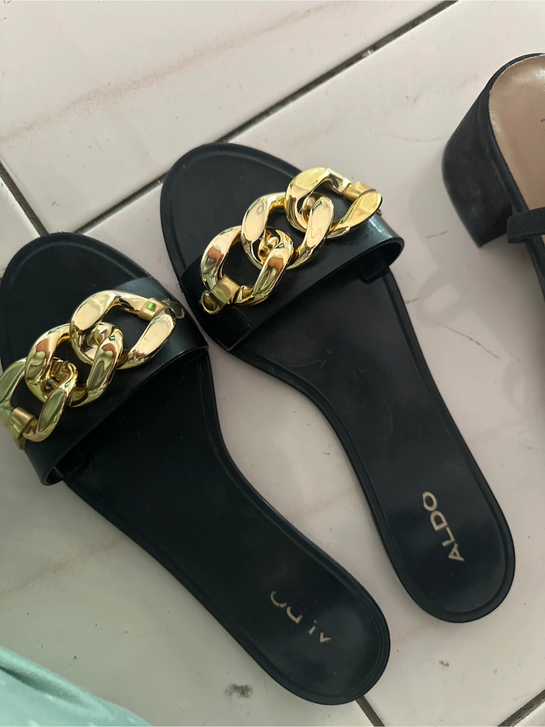 ALDO Black Slides with Gold Chain Detail