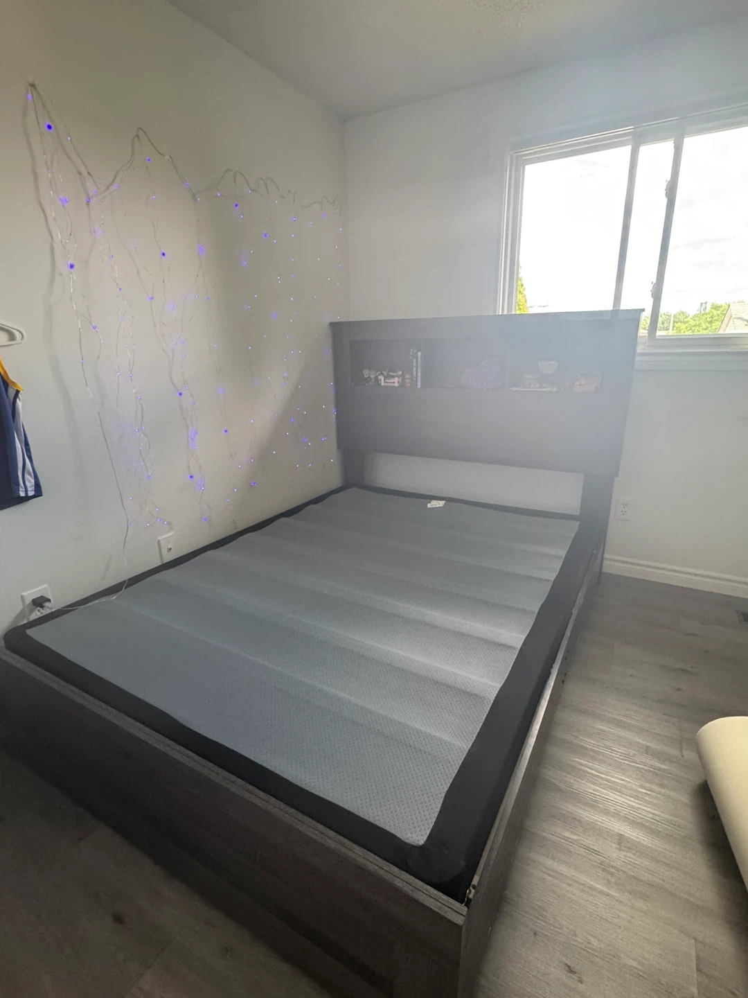 Dark Wood Bed Frame with Headboard Shelving