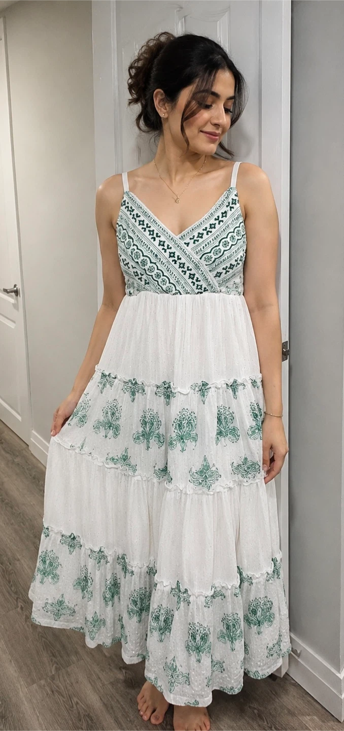 White Maxi Dress with Green Print