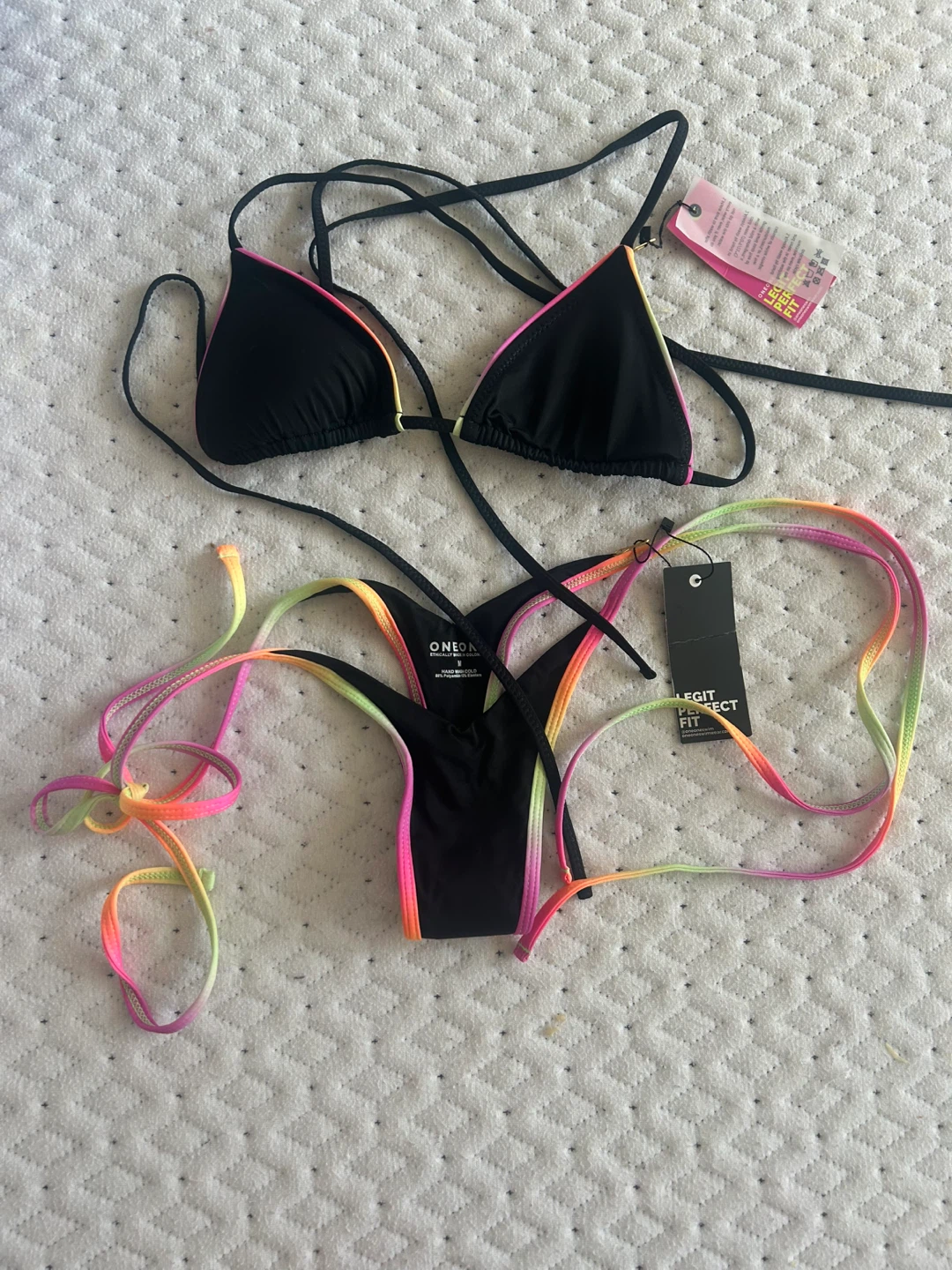 ONEONE swim thong Bikini Set - Black with Neon Trim - Size M
