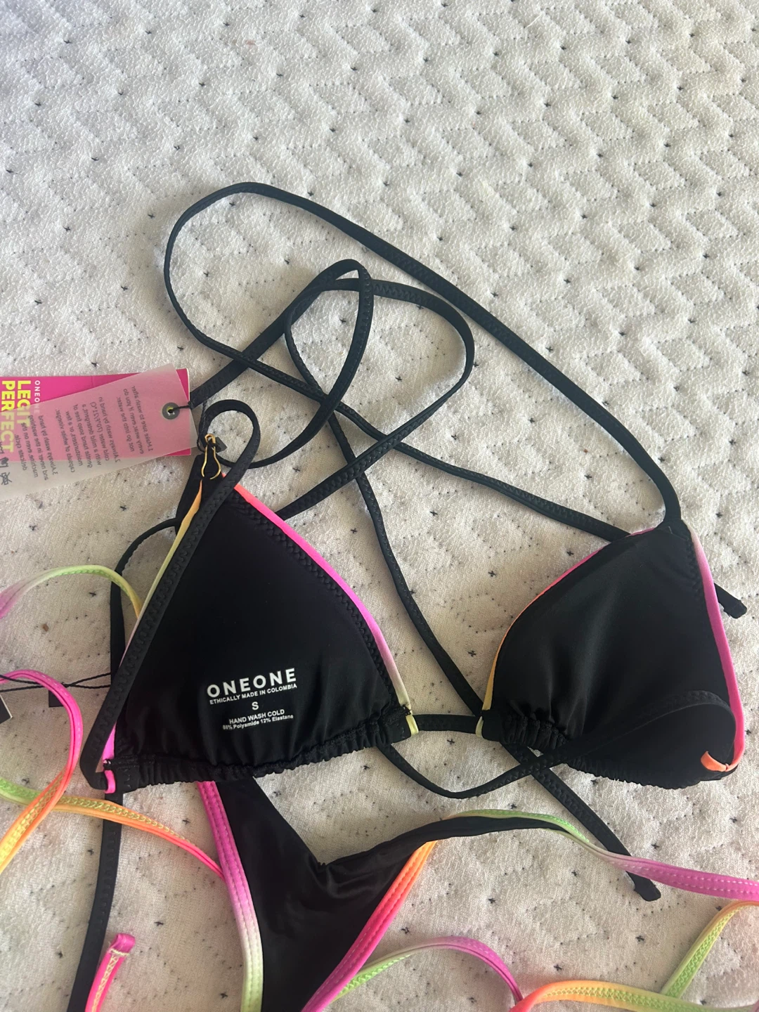 ONEONE swim thong Bikini Set - Black with Neon Trim - Size M - photo 3