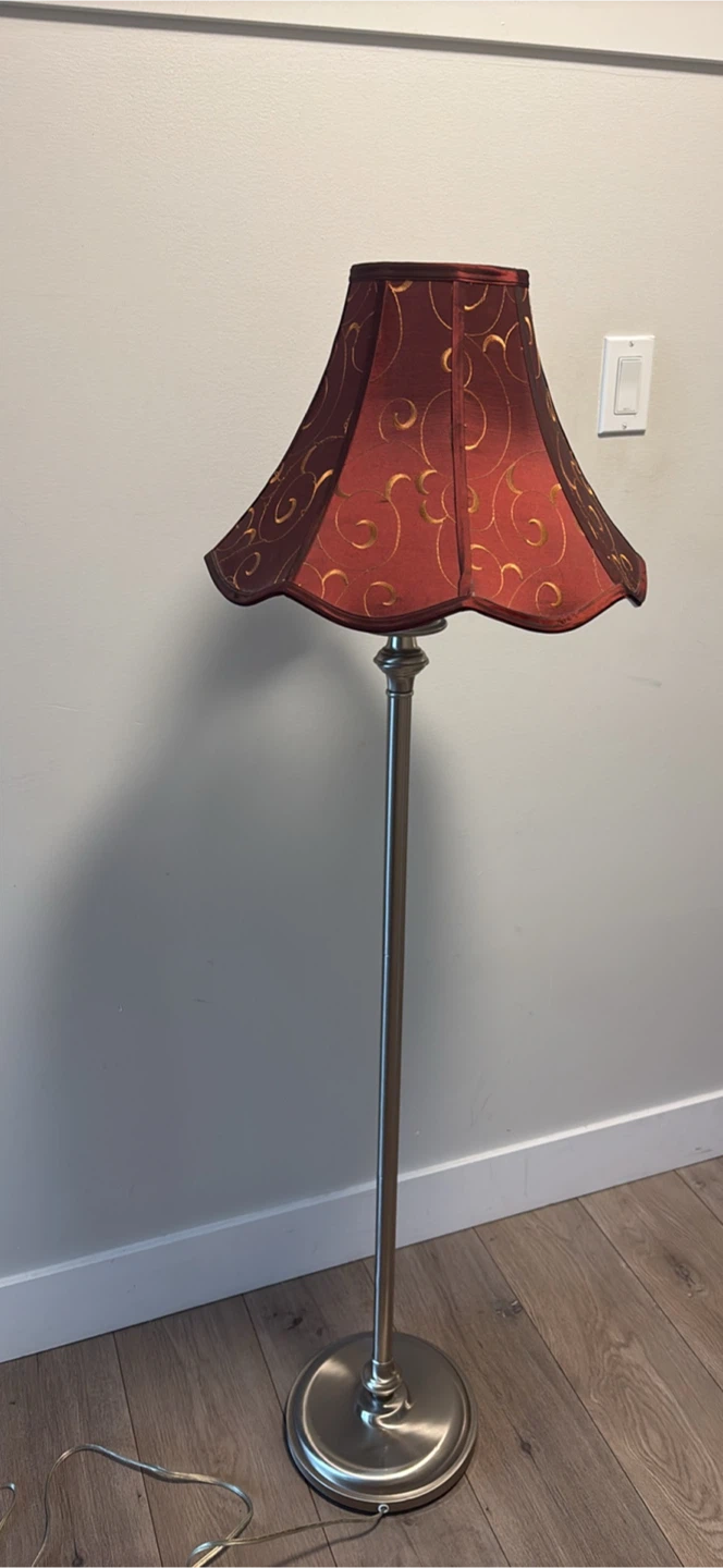 Red patterned lampshade floor lamp