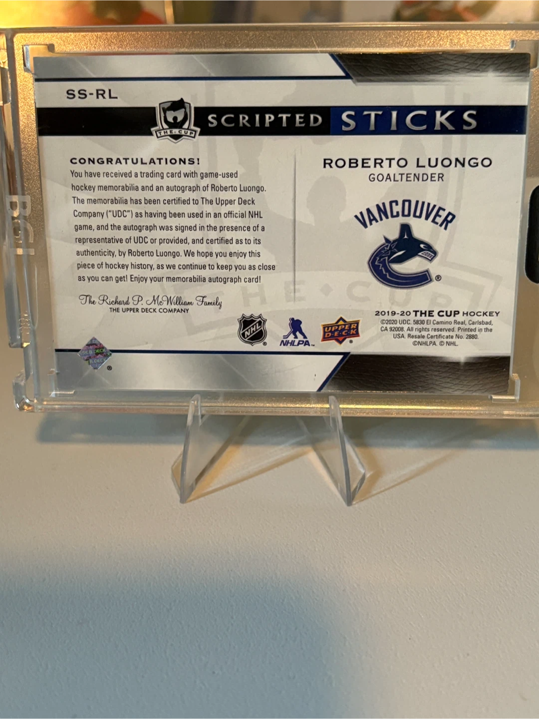 Roberto Luongo Game-Used Stick Card - photo 2