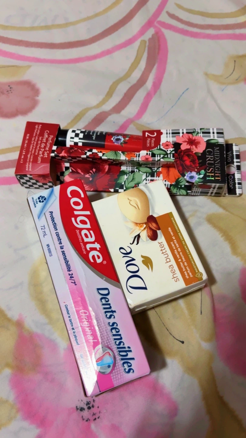 Colgate Toothpaste, Dove Soap, and Midnight Crush Lotion