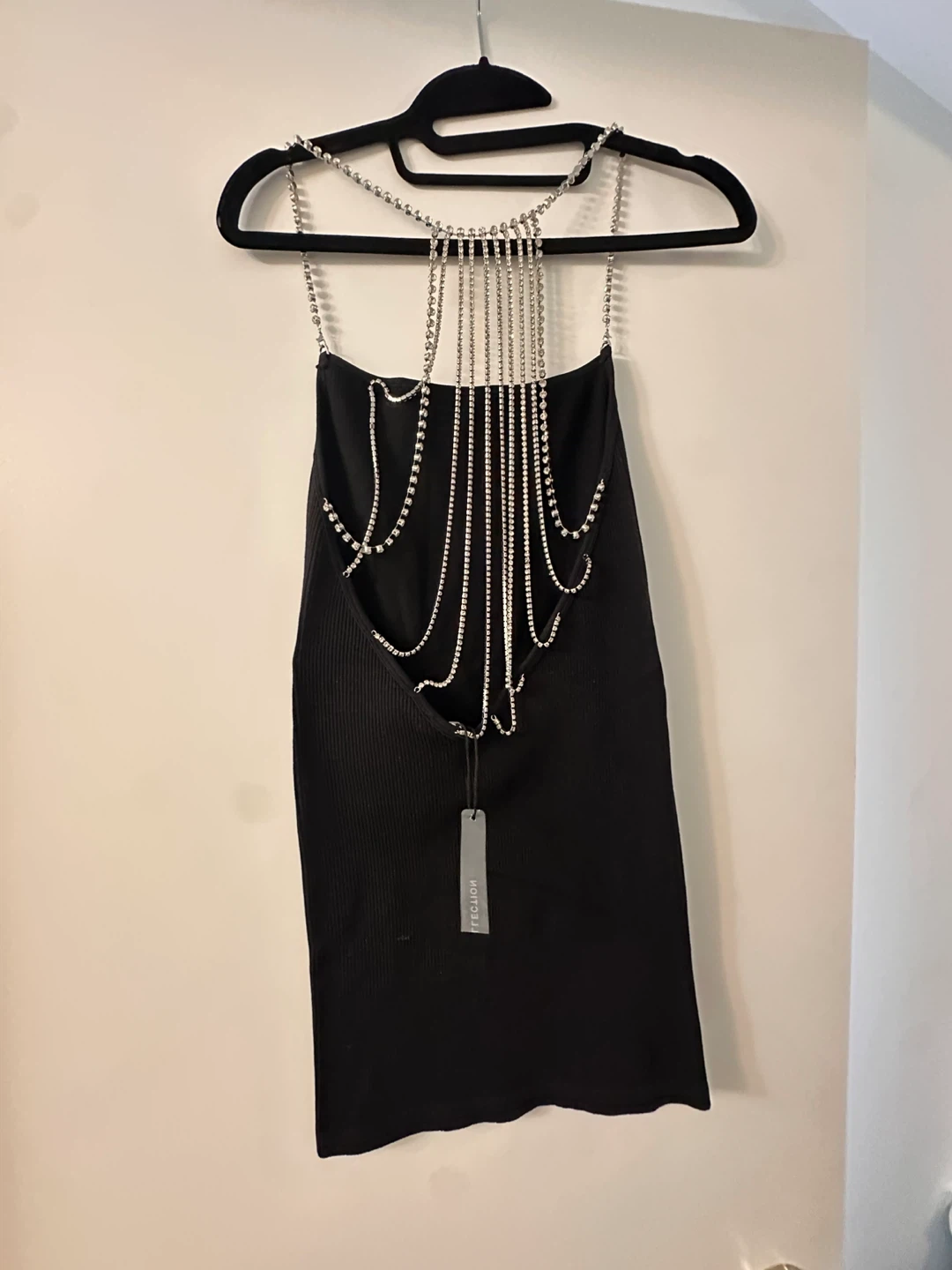 Brand new ZARA Black Ribbed Mini Dress with Rhinestone Chains - photo 2