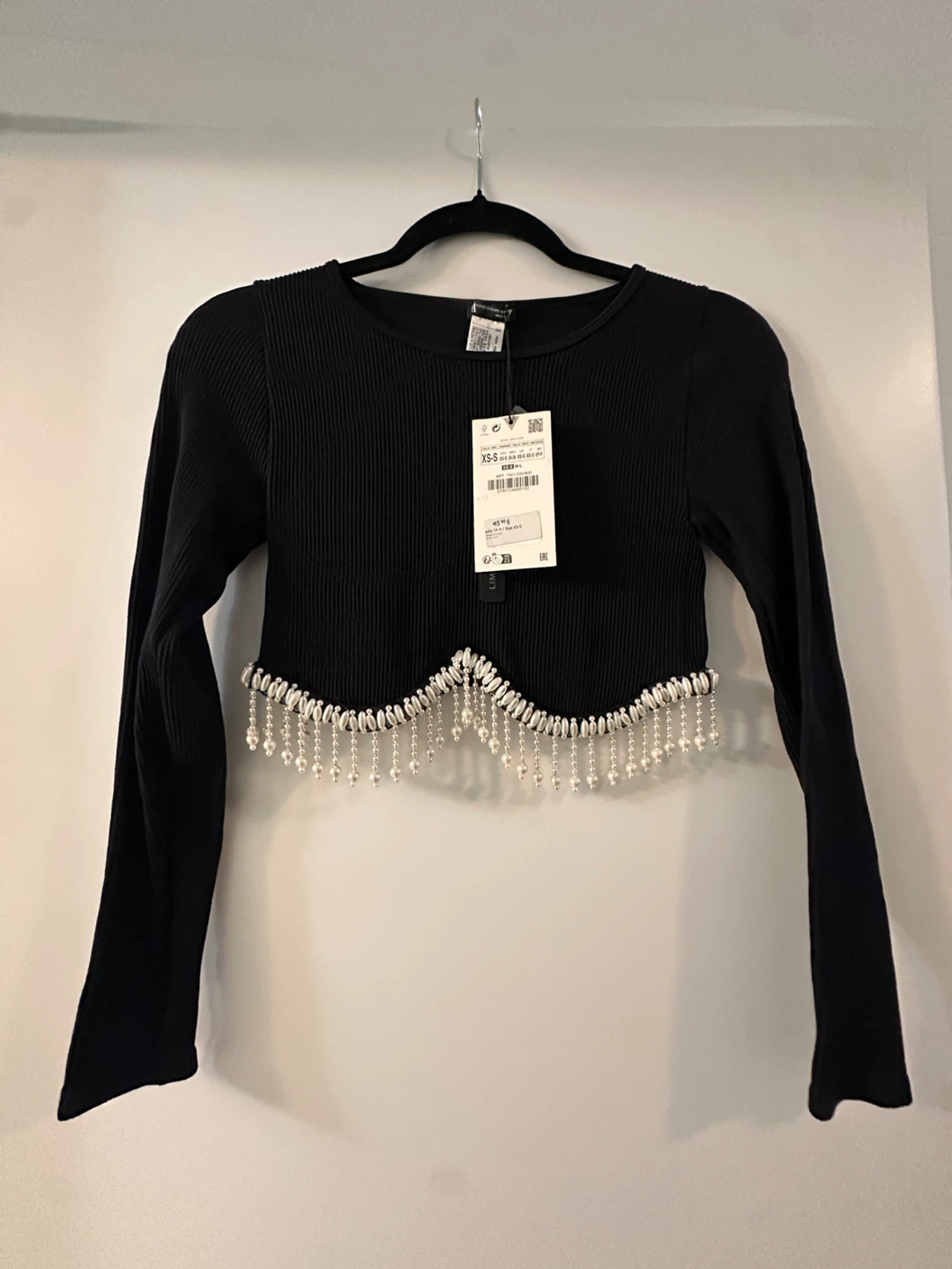 Brand new ZARA Black Cropped Long Sleeve Top with Beaded Trim