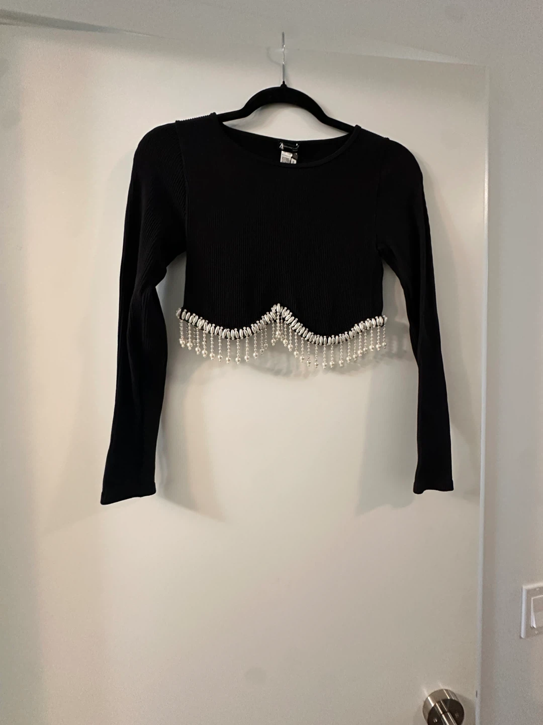 Brand new ZARA Black Cropped Long Sleeve Top with Beaded Trim - photo 2