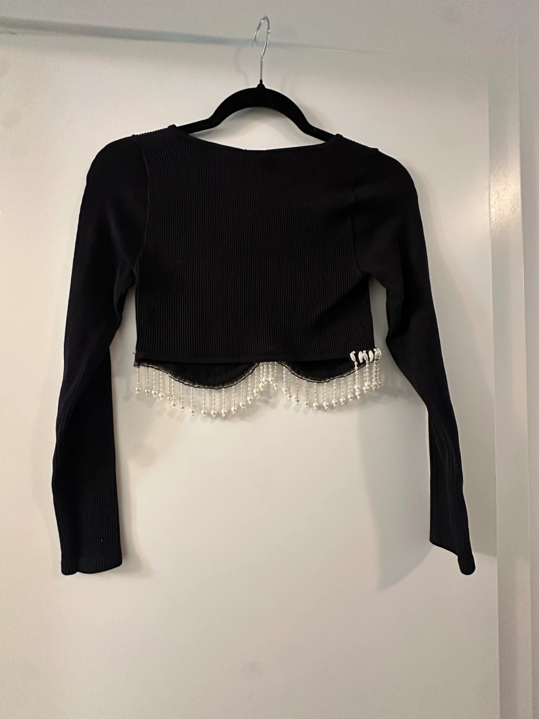 Brand new ZARA Black Cropped Long Sleeve Top with Beaded Trim - photo 3