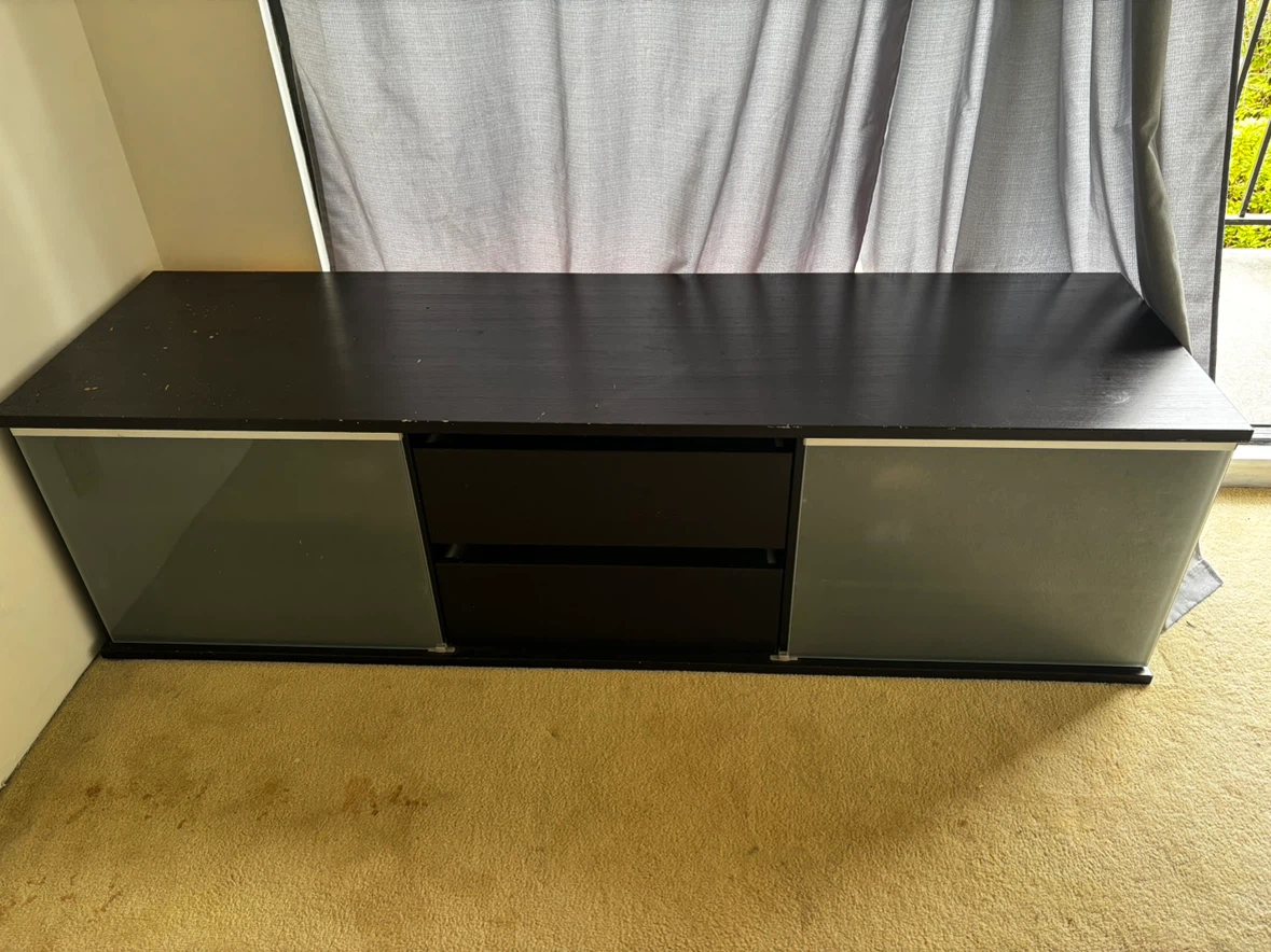 Black Media Console with Frosted Doors and Drawers