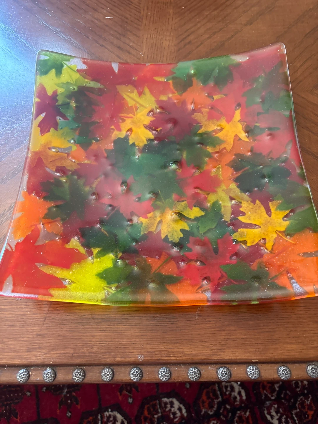 Glass Decorative Tray with Autumn Leaves