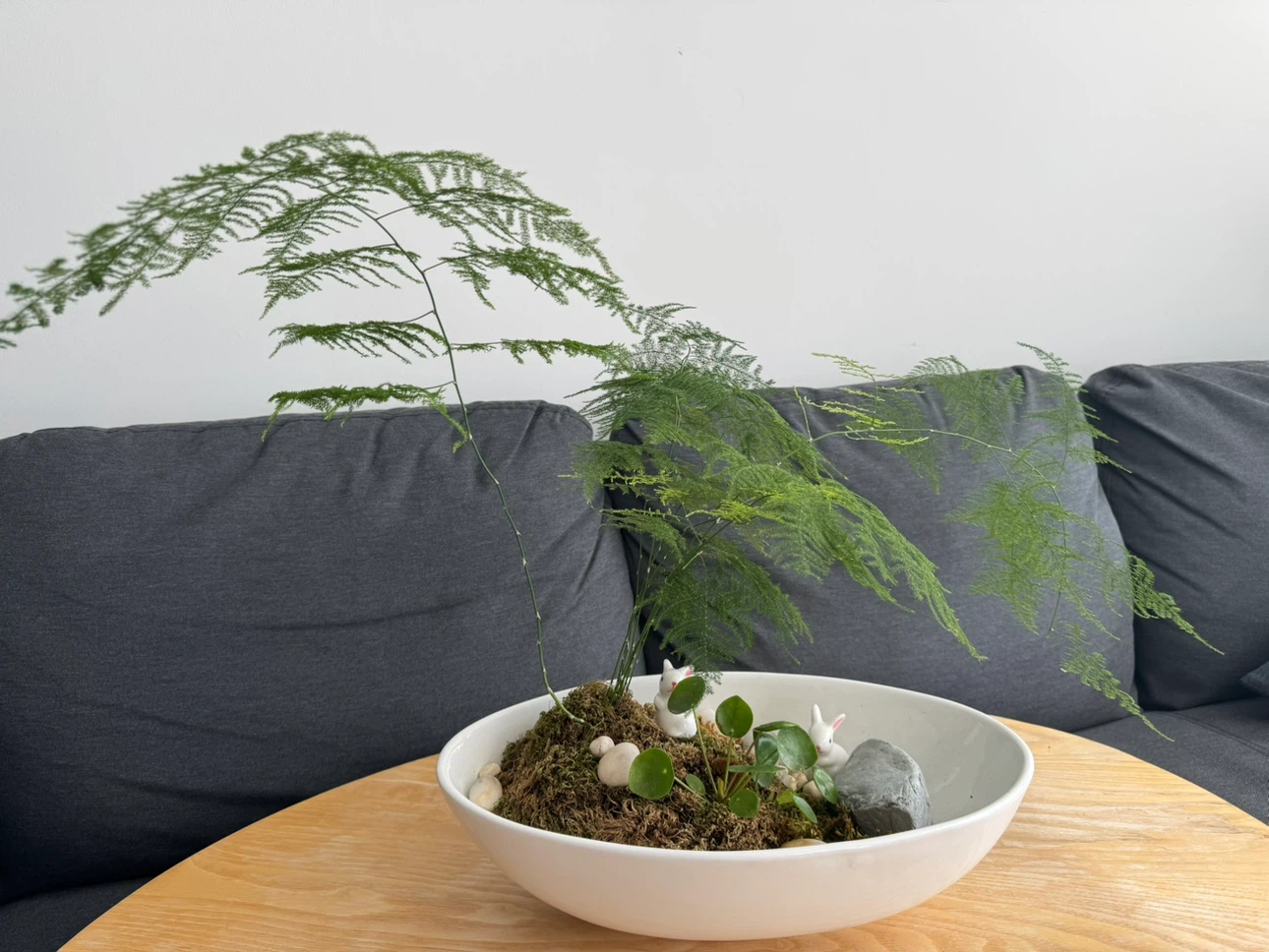 Asparagus Fern Terrarium with Bunny Figurines