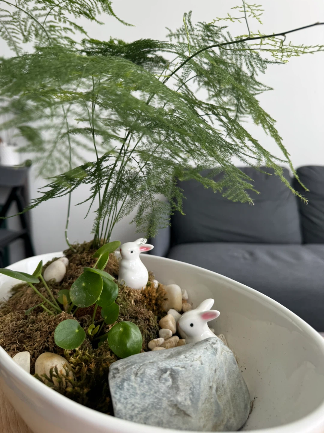 Asparagus Fern Terrarium with Bunny Figurines - photo 2