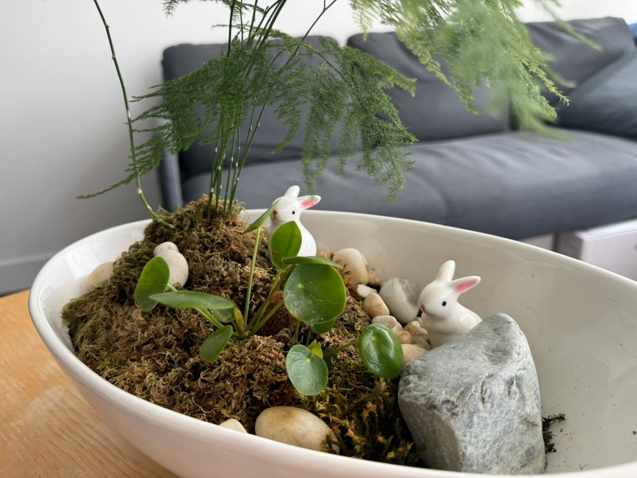 Asparagus Fern Terrarium with Bunny Figurines - photo 3