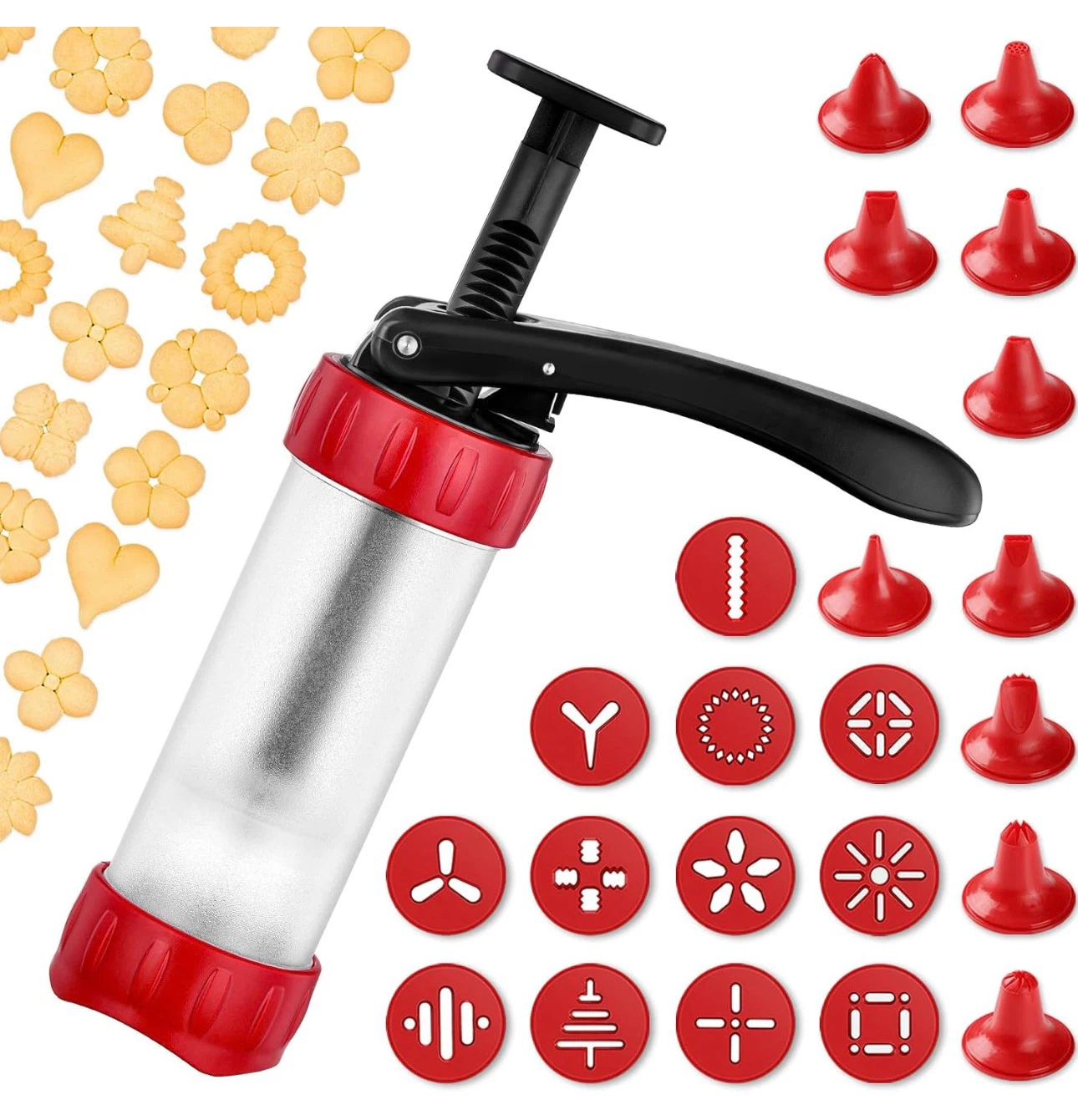Cookie press set includes 12 discs, 10 tips
