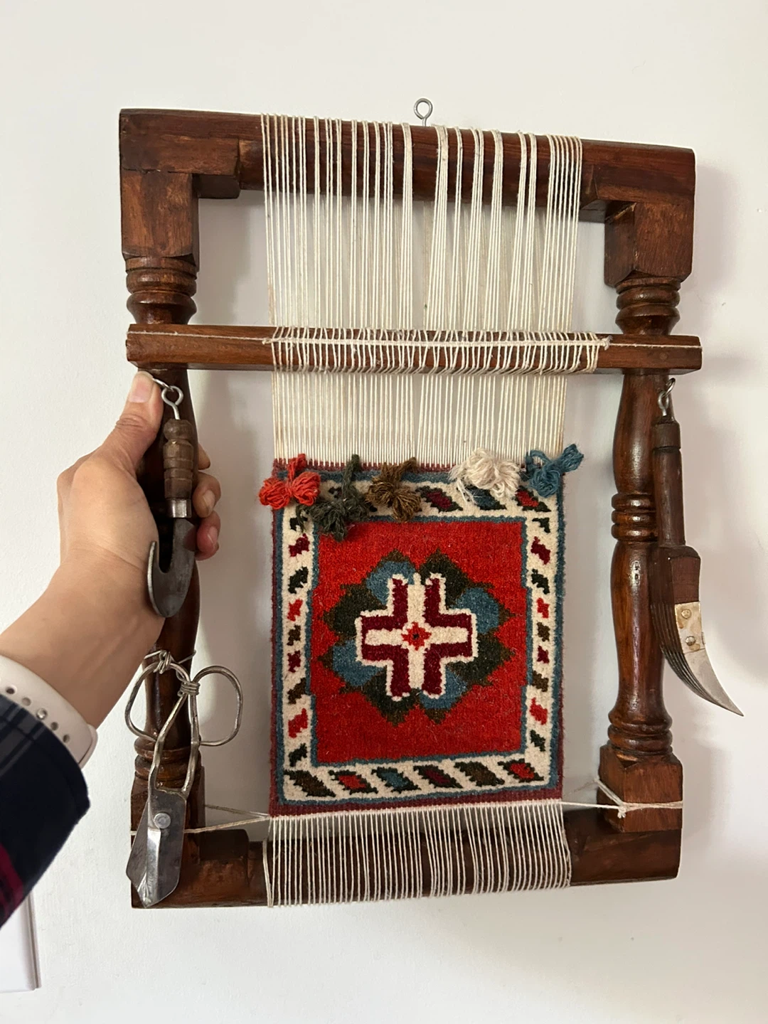Wooden Hand Loom with Miniature Tapestry