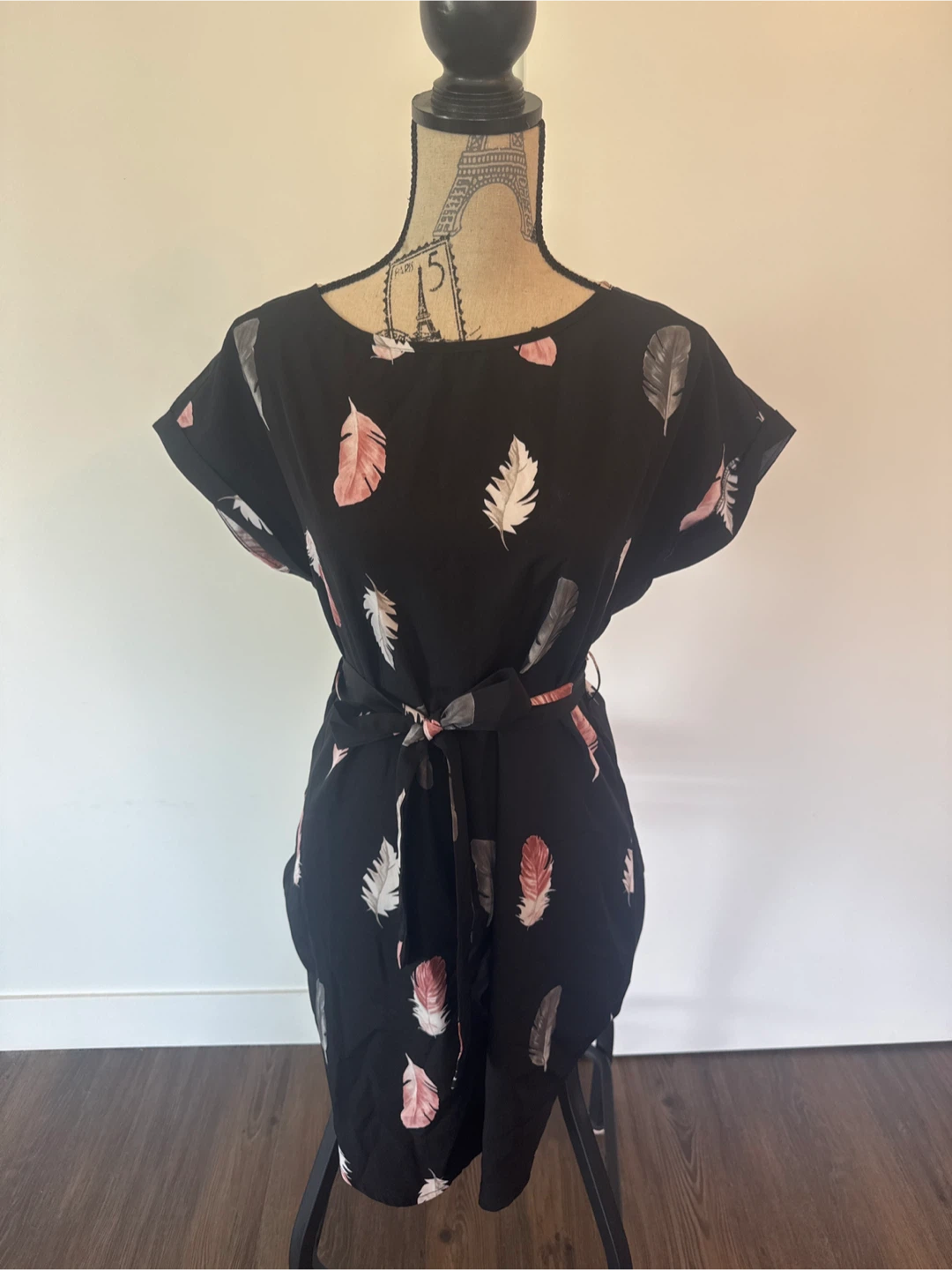 Black Feather Print Dress with Tie Waist