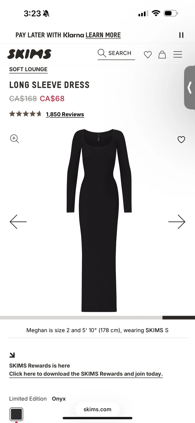 SKIMS Soft Lounge Long Sleeve Dress Onyx S/P/CH