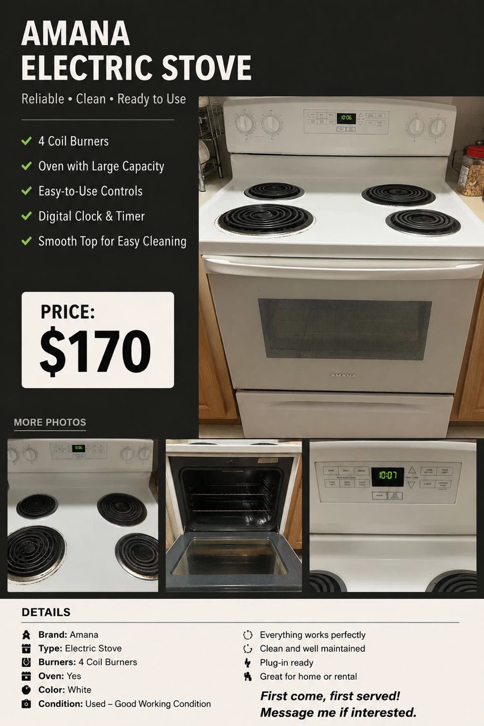 Amana Electric Stove with 4 Coil Burners and Oven