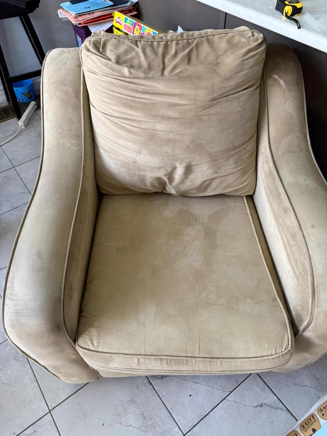 Beige 3 seater and chair