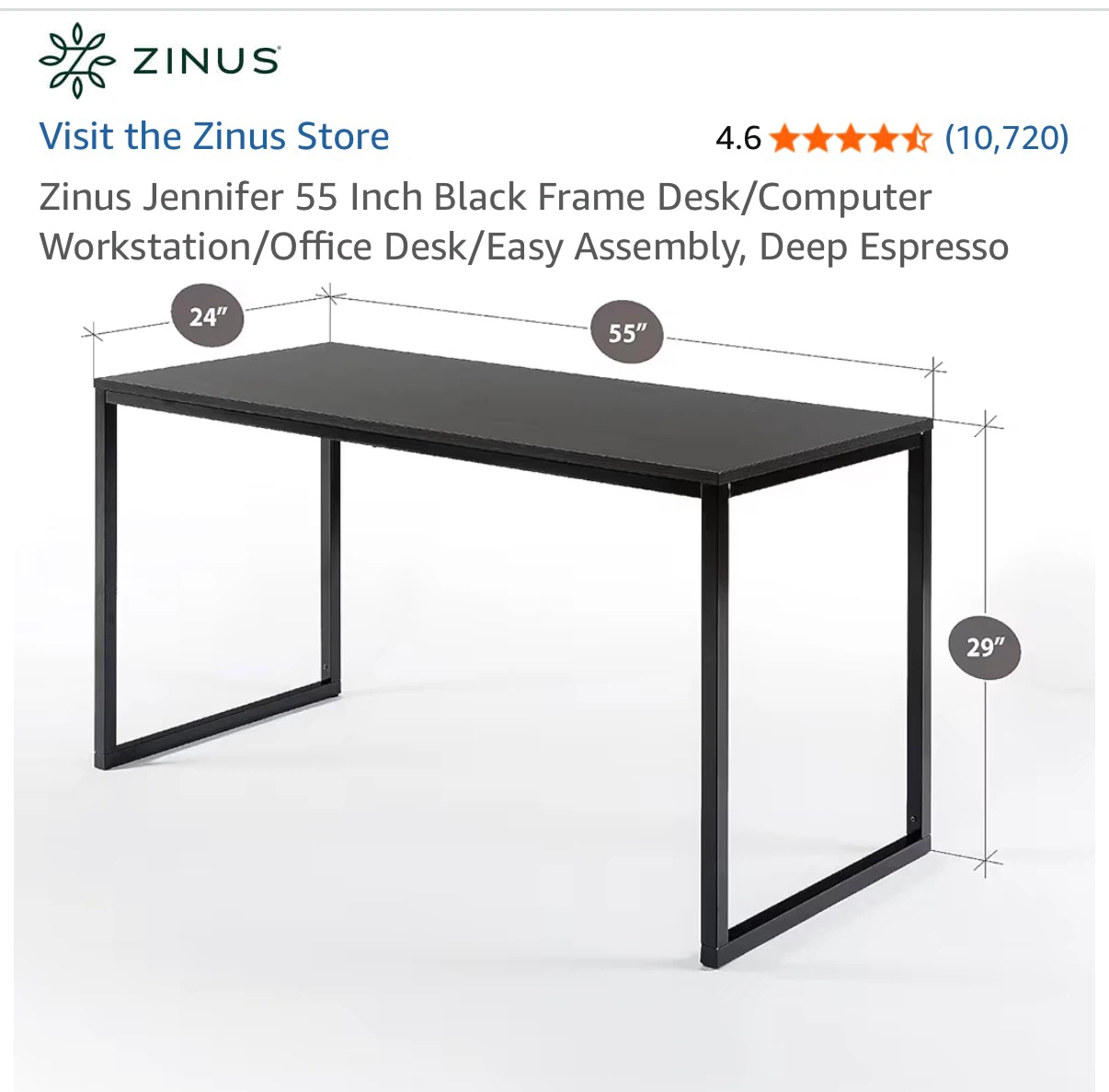 Zinus Jennifer 55 Inch Black Frame Desk - photo 2
