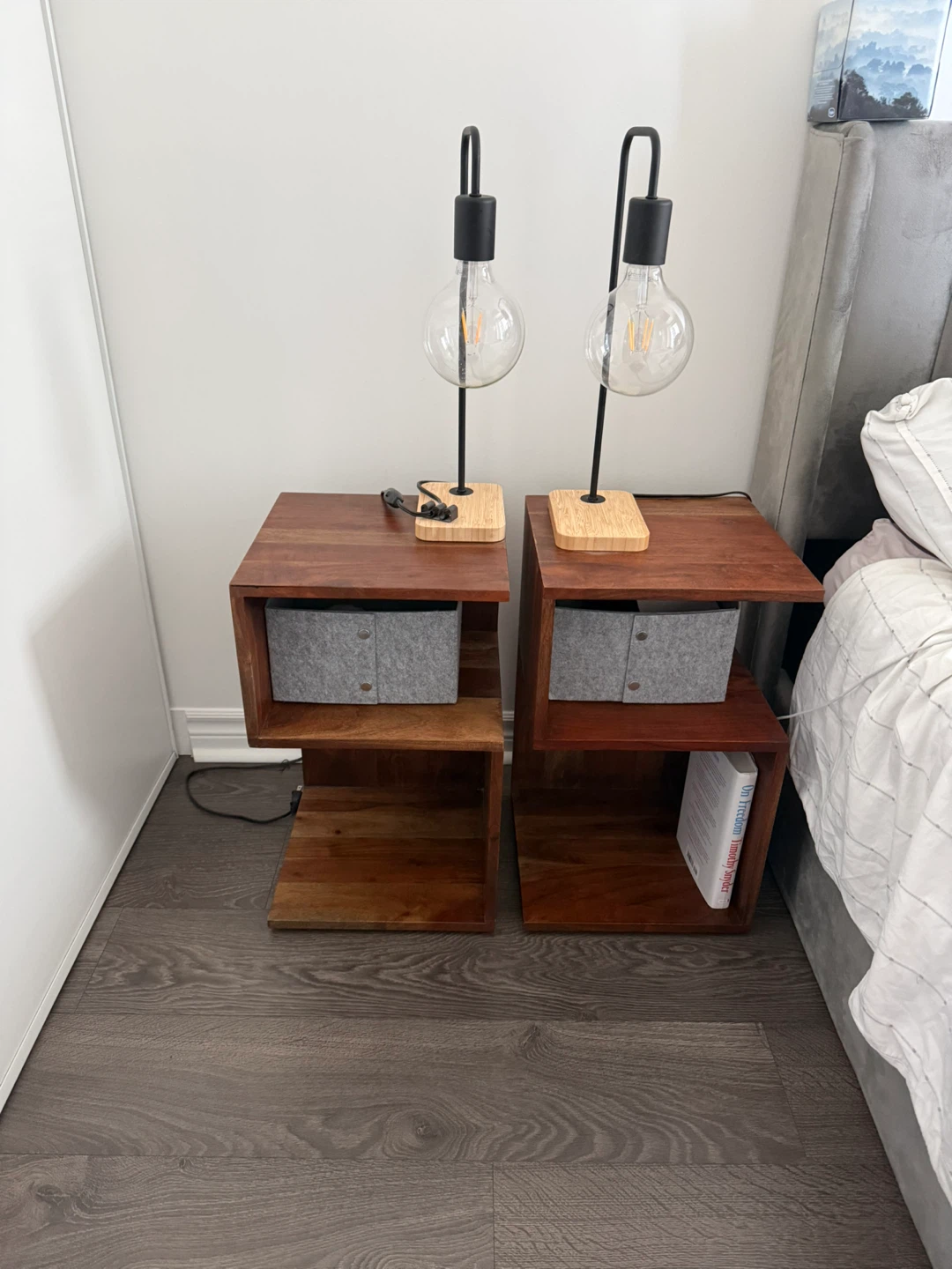 Wooden Side Tables with Grey Bins